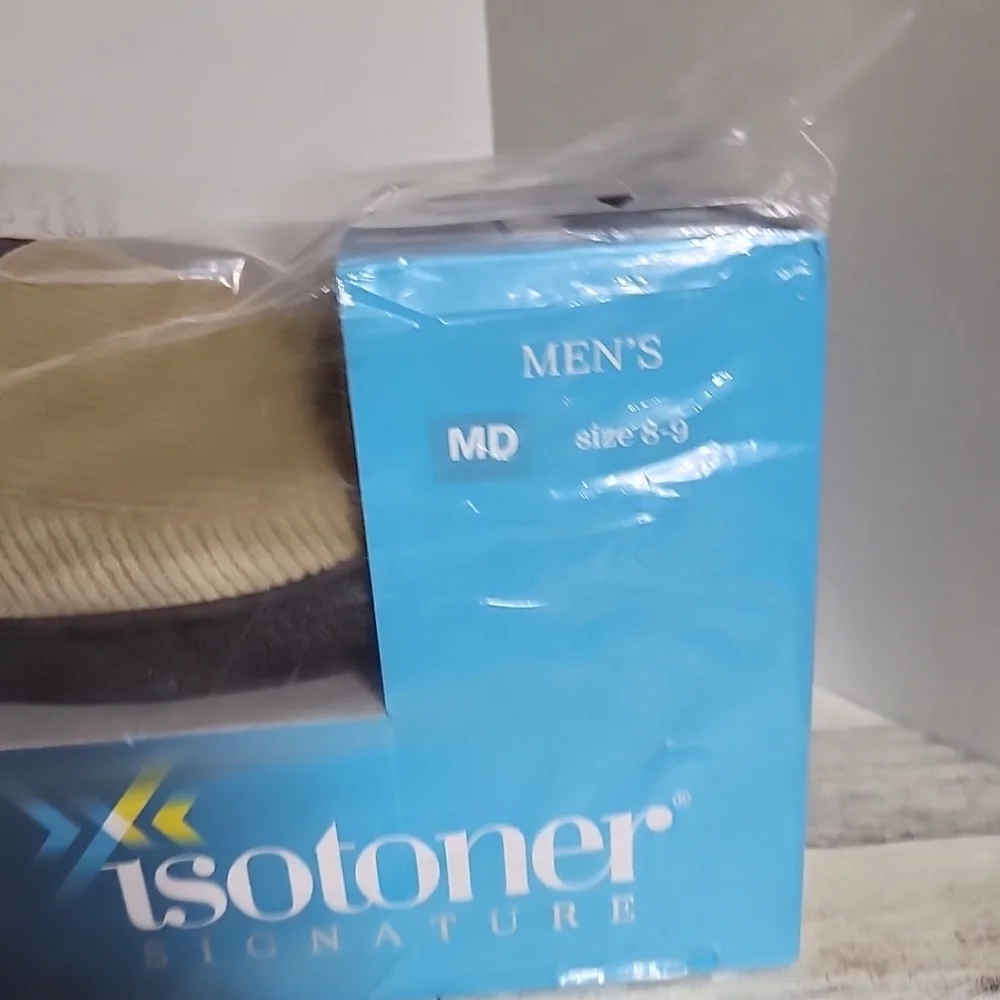 Isotoner Mens M 8-9 Corduroy Hoodback Slippers Pebble Memory Foam Inside Outdoor
